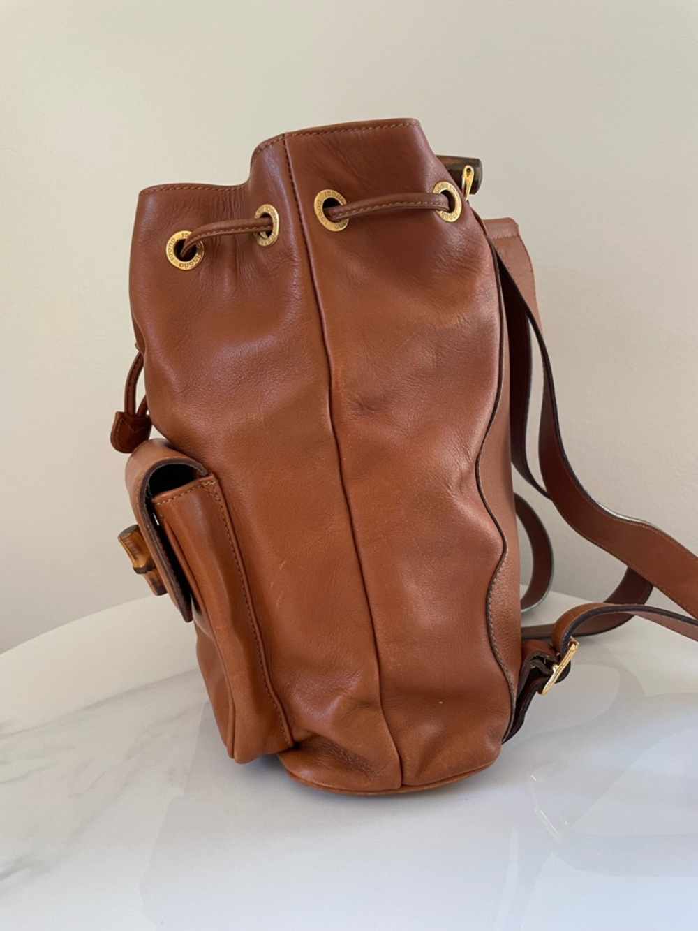 Gucci Bamboo Leather Backpack • Vintage • Tan Leather • Top Handle - Picture 14 of 15